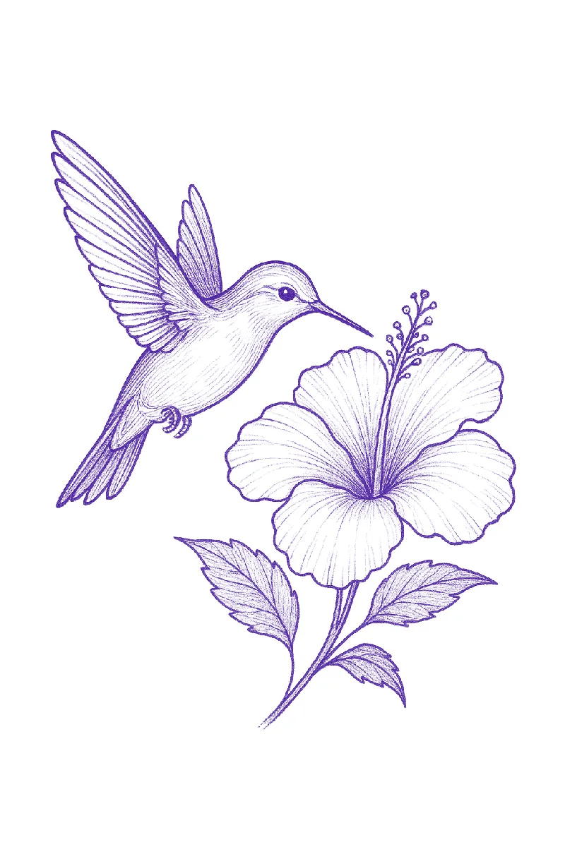 Hummingbird and hibiscus fine-line tattoo stencil