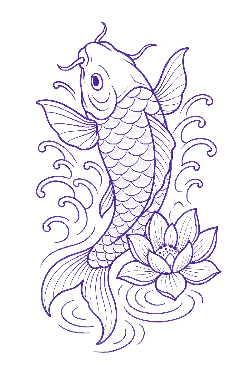Koi fish with water ripples and lotus tattoo stencil