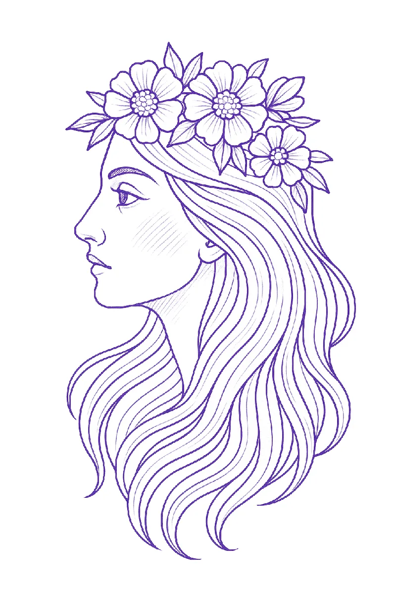 Woman in profile with flower crown fine-line tattoo stencil