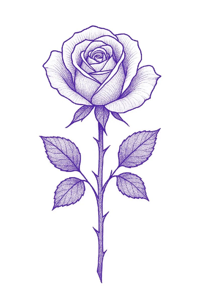 Single rose with stem and leaves tattoo stencil