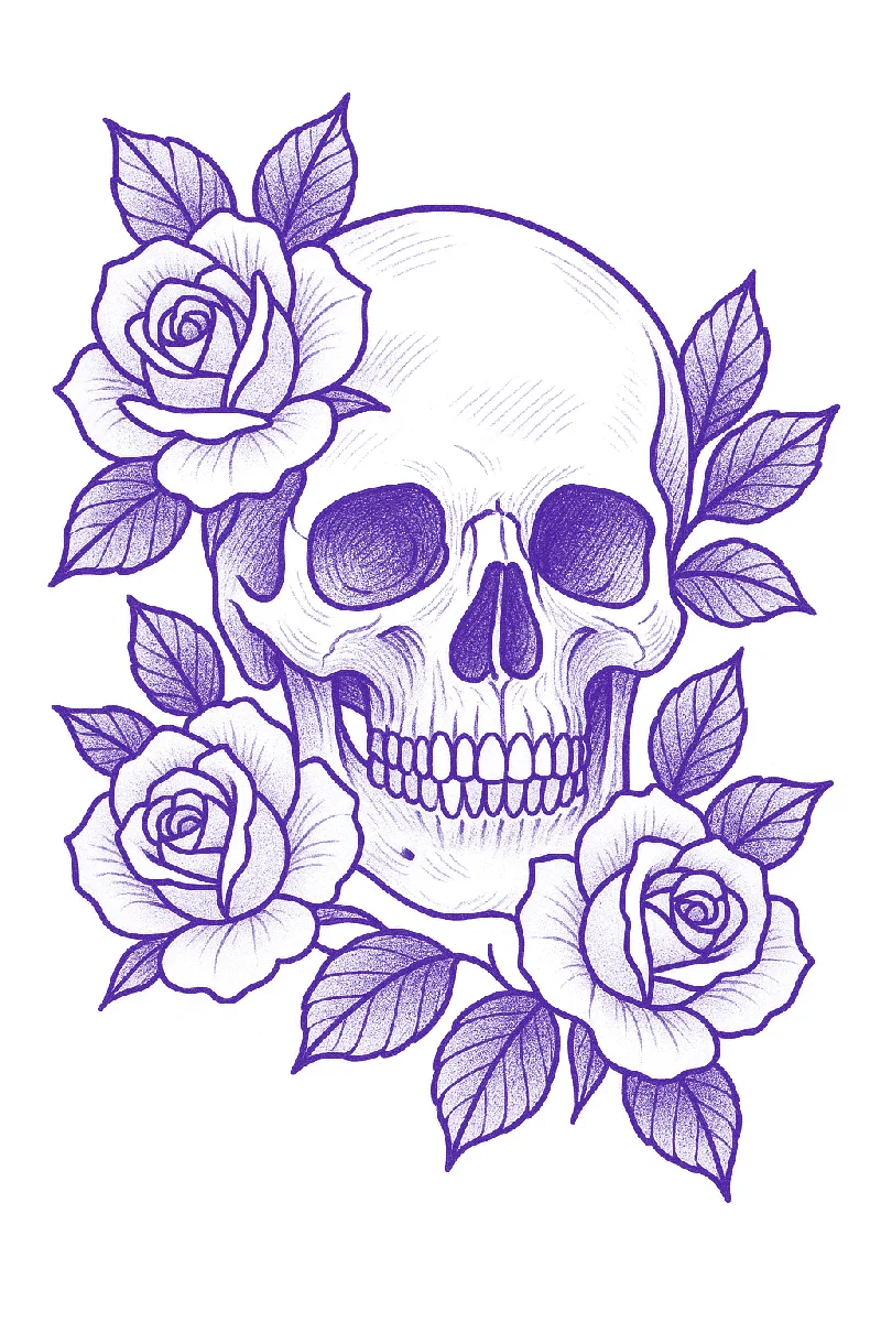 Skull wrapped in roses tattoo stencil
