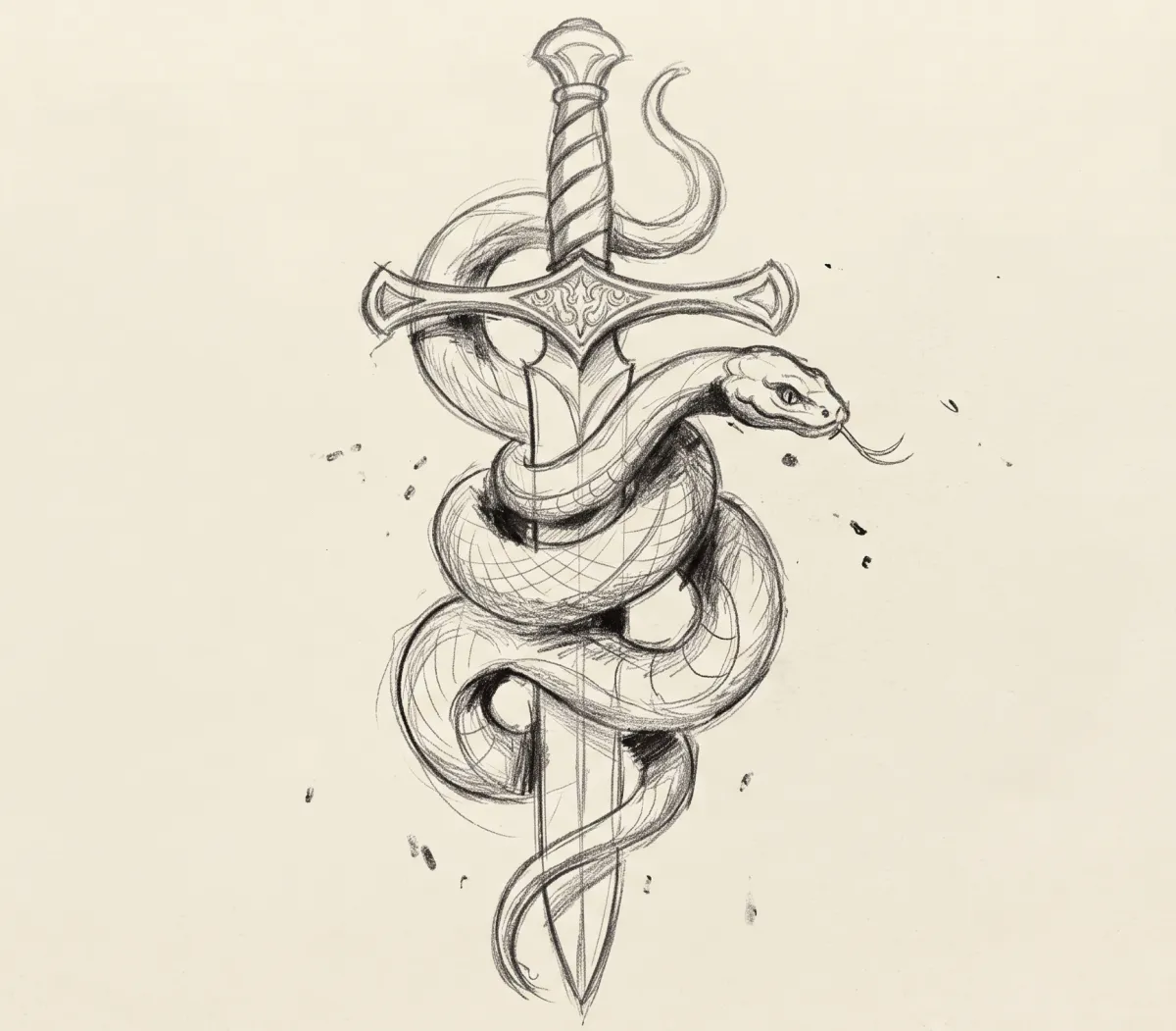 Original pencil sketch of a snake and dagger, photographed on paper
